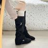 Leather Version~ Inner Height Increase 5cm Retro Western Fashion Boots Women's Knee High Boots Medium Heel Martin Boots Knight Boots