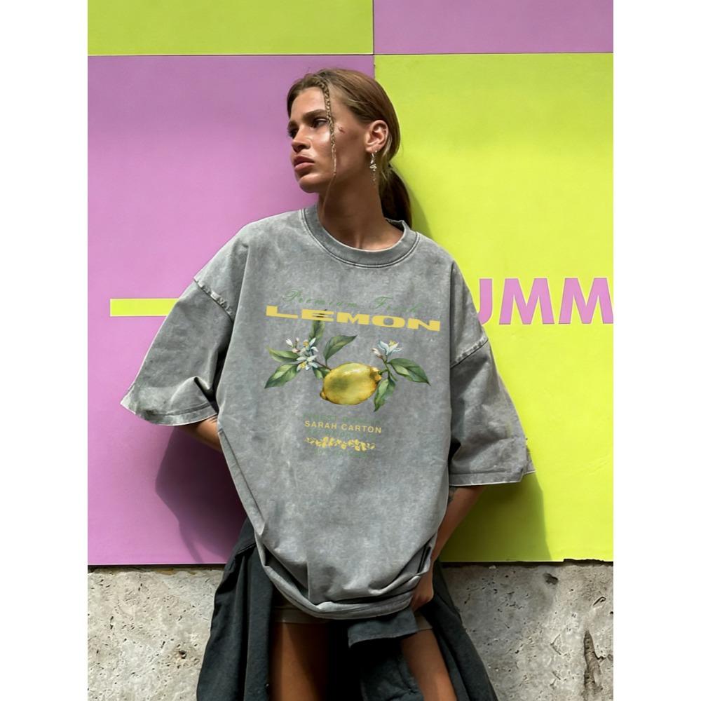 Premium Fresh Finest Quality Lemon Print Woman Washed T-Shirts Y2K Cotton T-Shirt Casual Short Sleeve Loose Clothes