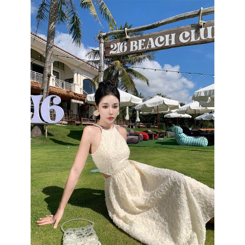 French Neck Sling Dress Women's Summer High-end Temperament Showing Thin Waist Long Dress Seaside Vacation Beach Dress