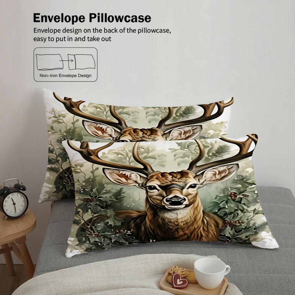 Watercolor Vivid Deer And Plants Printed 3pcs Duvet Cover Rustic Animal Style 100% Polyester Bedding Sets Double/Queen Size