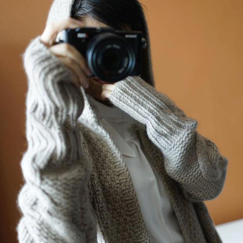 Autumn Winter Loose Knitted Women Hooded Long Sweater Coats Casual Korean Fashion Solid Color Elegant Jacket Twist Thick Cardigan Sweaters Clothing
