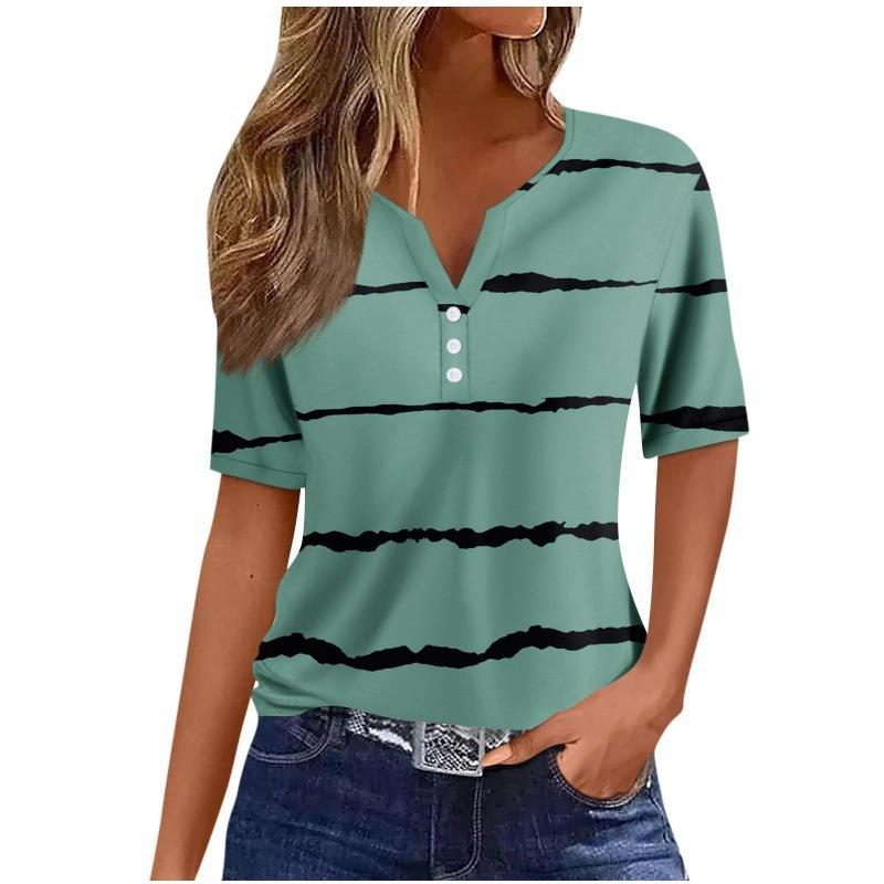 Print Short Sleeve European Style Women Clothing T-Shirt V-Neck
