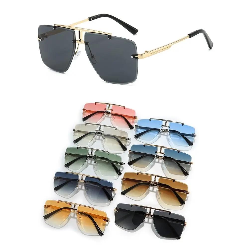 Oversized Double Bridge Sunglasses Frameless Square Frame Gradient Tint Lens Design Sun Eyeglasses Rimless UV Protective for Men Shades
