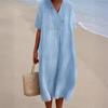 2025 Cotton Linen Short Sleeve V-Neck Dress: Women's Solid Color Loose Fit Fashion Style.