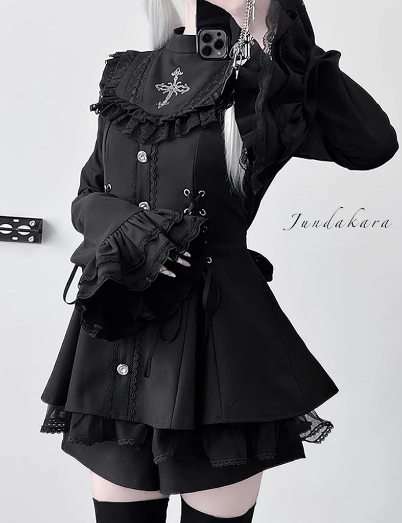 Jundakara Long Sleeve Dress with Cute and Perfect for a Sickly French or Idol Perfect for and Size M Women's Shorts, Lace, Cross, Ribbon, Ruffles,