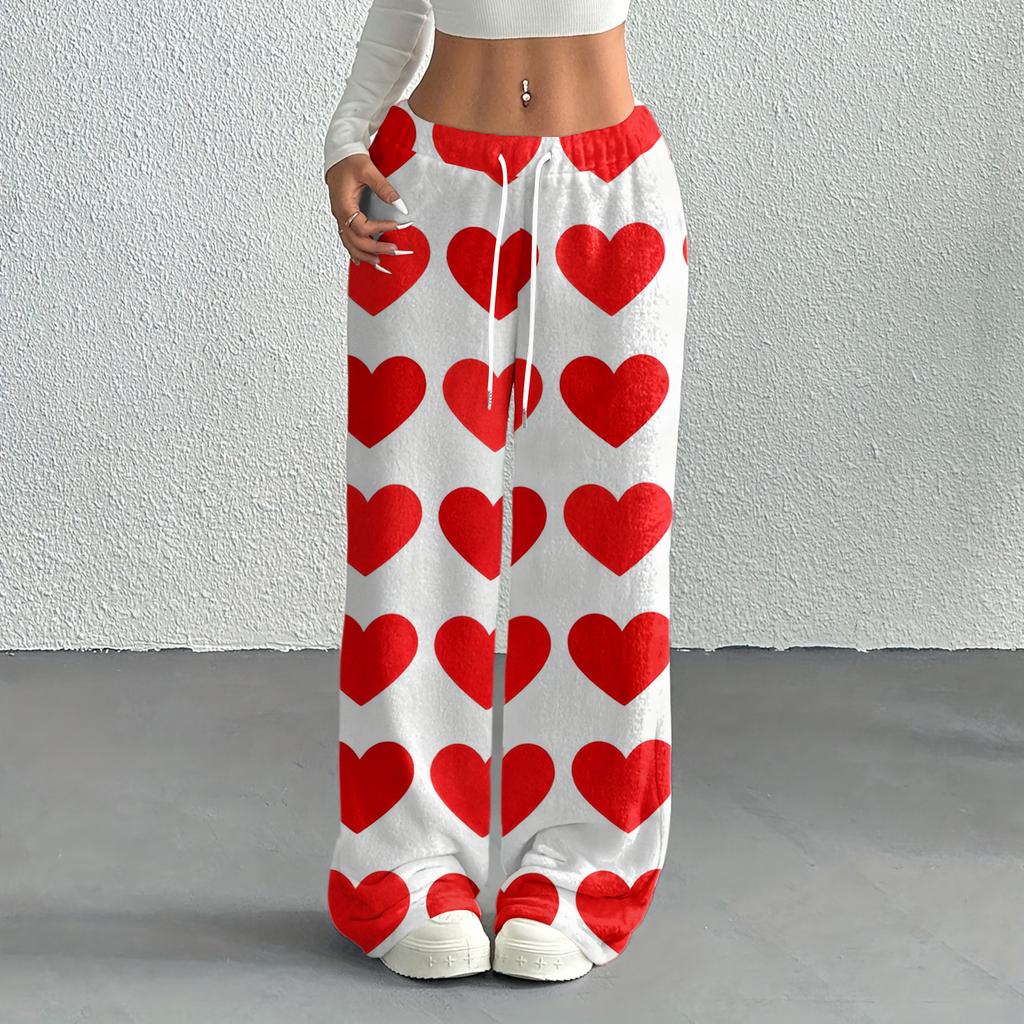 Women's Casual Fashion Printed Elastic Waist Loose Straight Leg Pants With Rope