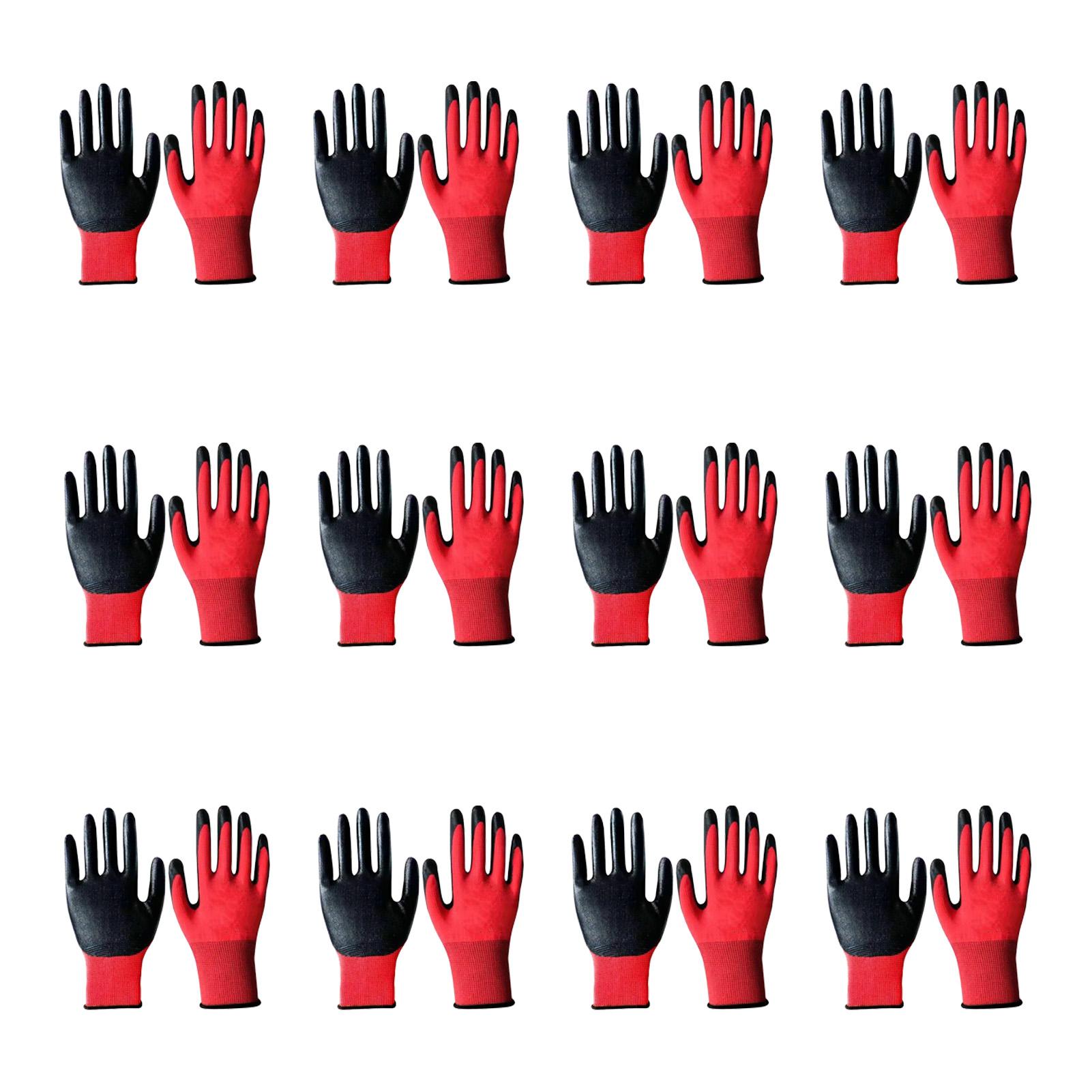 

12 пар рабочих перчаток, противоскользящие, маслостойкие, с нитриловым покрытием, 23,5 см, красный и черный набор для защиты труда, безопасности