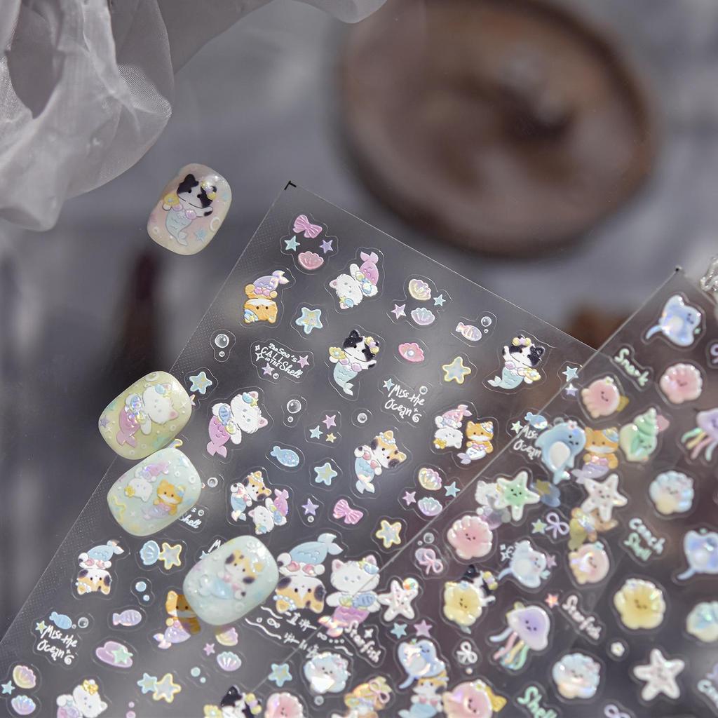 Tomoni Mermaid Cat Nail Stickers: Fresh & Cute Shell Light Children's Nail Art