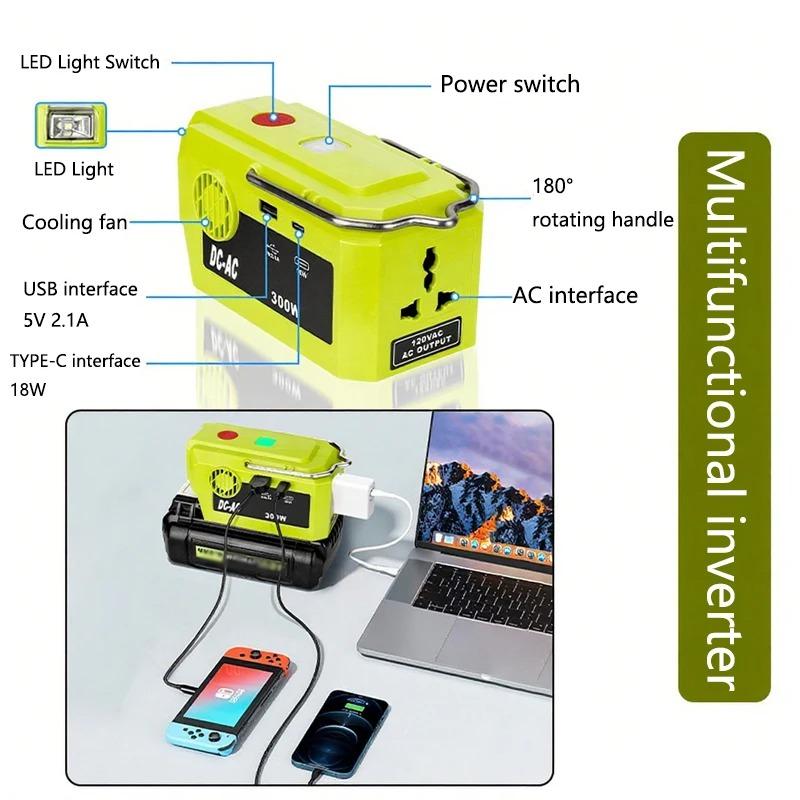 300W Portable Power Inverter for Ryobi 40V Li-ion Battery Adapter with AC Outlet USB Type-C Port 120V-220V Outdoor Power Supply