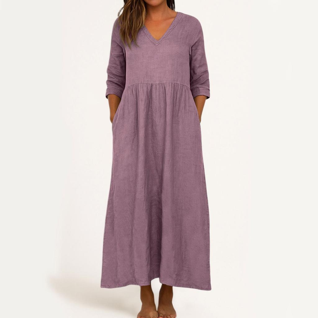 Dress For Women Long Boho Beach Dress Elegant Maxi Dress V-Neck 3/4 Sleeve Dress With Pockets