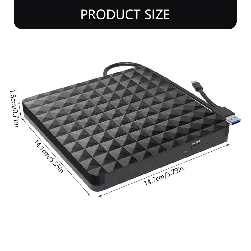 Portable USB 3.0 and Type C 2 Interfaces External DVD Drive, Fast Speed Data Transfer Writer for PC and Laptop
