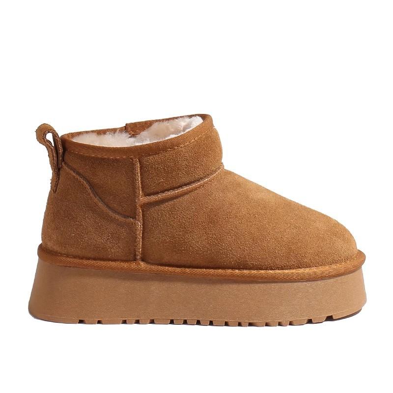 New Genuine Leather Elevator Thick-Soled Fur Snow Boots for Women Fleece-lined Thickened Non-Slip Warm Ankle Boots
