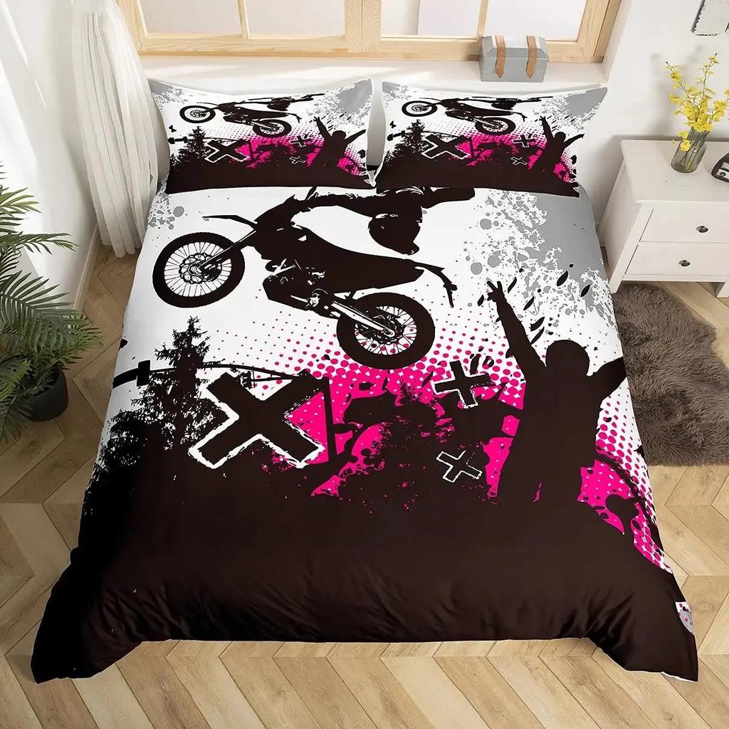 Dirt Bike Duvet Cover Set,Sports Biker Motocross Racing Moves Theme Bedding Sets,Youth Cool Teen Boys Comforter Cover Set