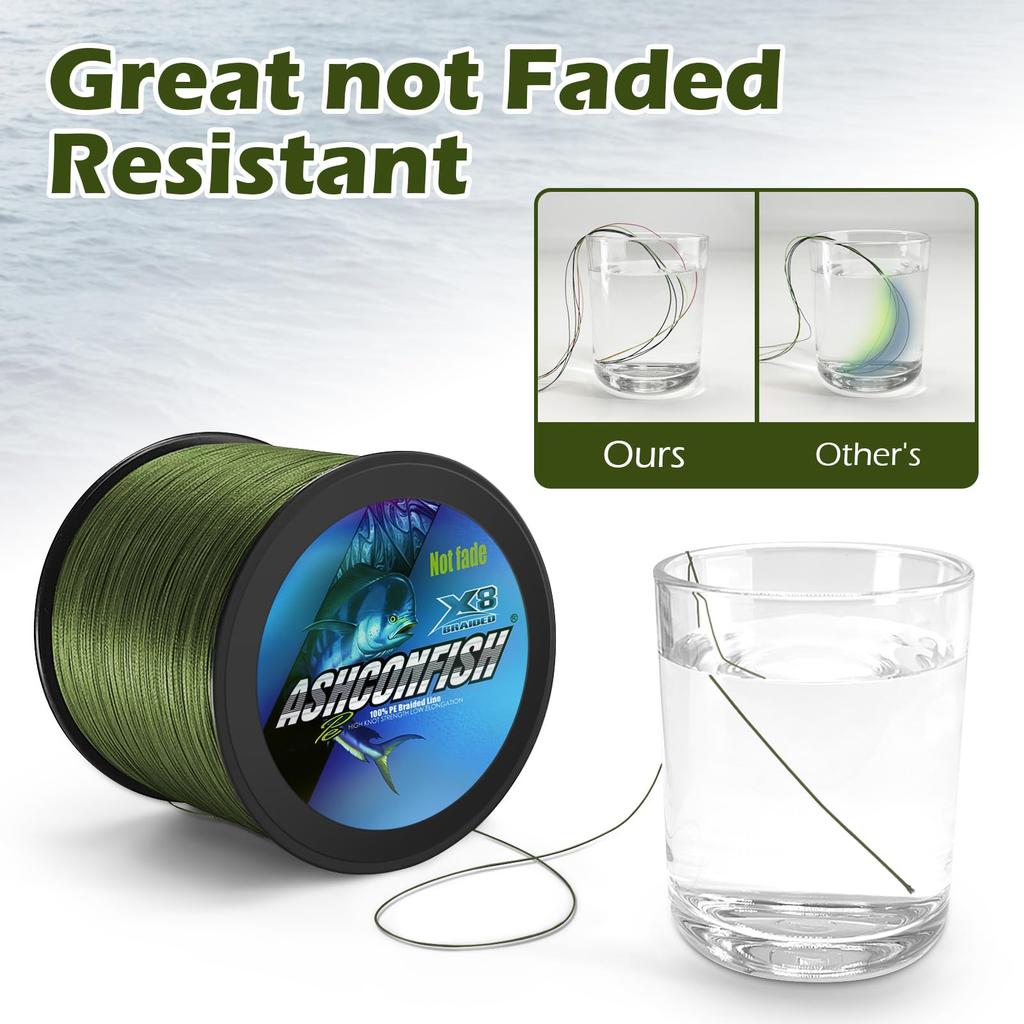 Ashconfish PE Fishing Super High Abrasion Low Duck Colorfast Line, 8-Strand, 1000m, Strong, Sensitivity, Resistant, Stretch, Green,