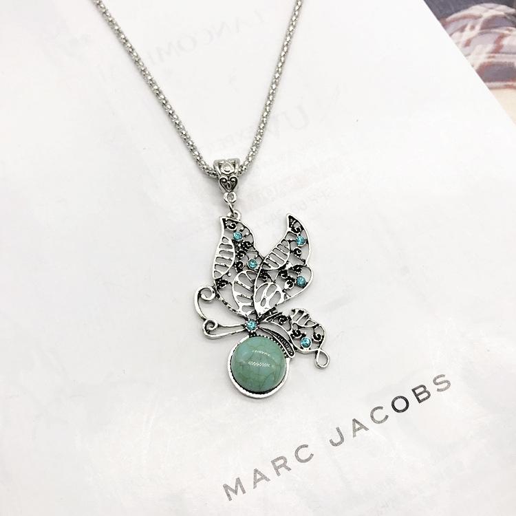 Vintage Necklace Earrings Set Bohemian Ancient Silver Turquoise Sweater Collarbone Chain Versatile Earrings