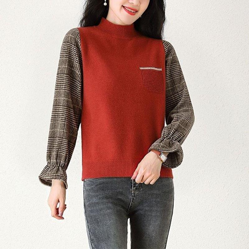 Fake Two Items Women Clothing Sweaters Pullovers Autumn Half High Collar Flare Sleeve Loose Fashion All-match Knitted Tops 2024