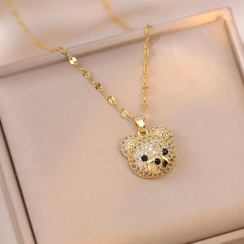 Cartoon Cute Animal Bear Encrusted with Zircon Necklaces Fashion Stainless Steel Collarbone Chain Gift for Women Friends
