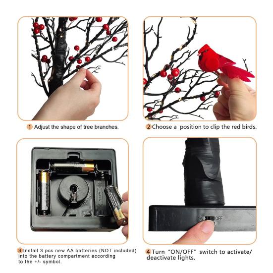 LED Vintage Glowing Tree with Cardinals Battery Operated Twinkle Trees Lamp with Lighted Branches Christmas Halloween Decorations