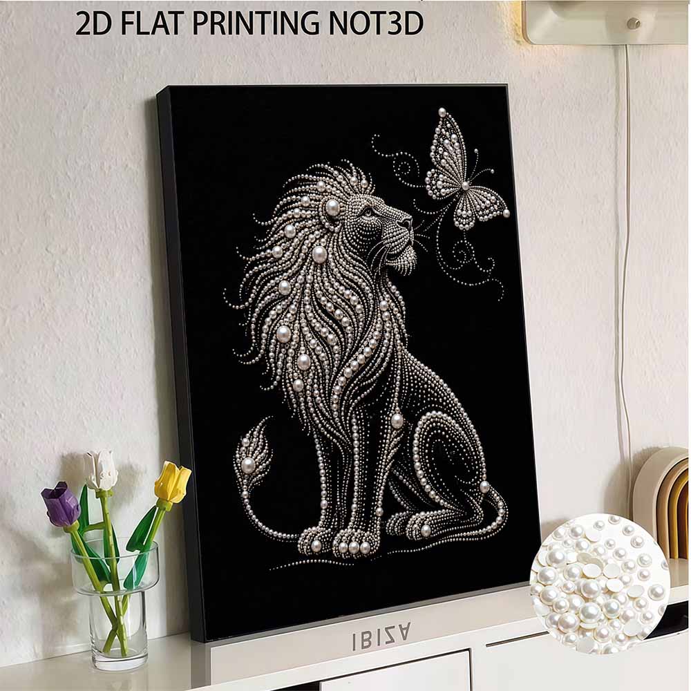 DIY Pearl Embroidery Diamond Painting Kit Majestic Lion and Butterfly Sparkling Beads Art Craft Handmade Decoration Gift for Home