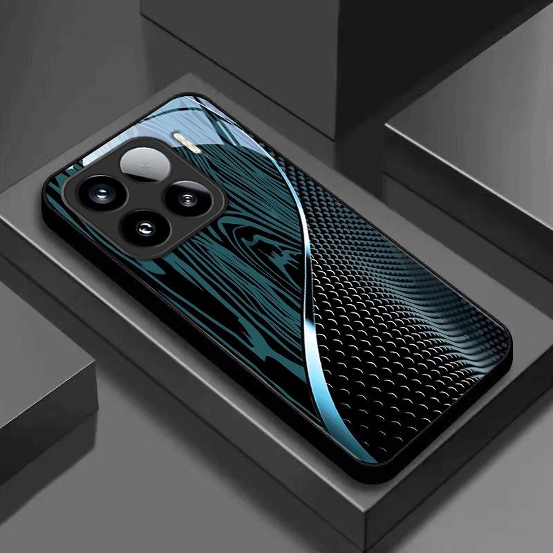 Black-Green Textured Dreamy Lines Tempered Glass Phone Case for iPhone 17 AIR 16 15 14 13 Pro 12 11 ProMax Plus