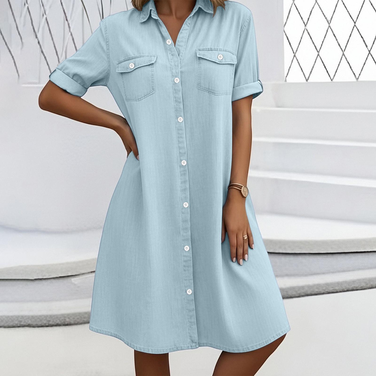

Women’s Button Down Shirt Dress with Short Sleeves Front Pockets Casual Loose Fit Tunic Knee Length XL