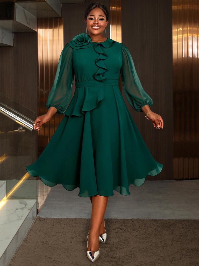 Plus Size Women's Elegant Floral Chiffon Gown with Ruffled Waist and Long Sleeves