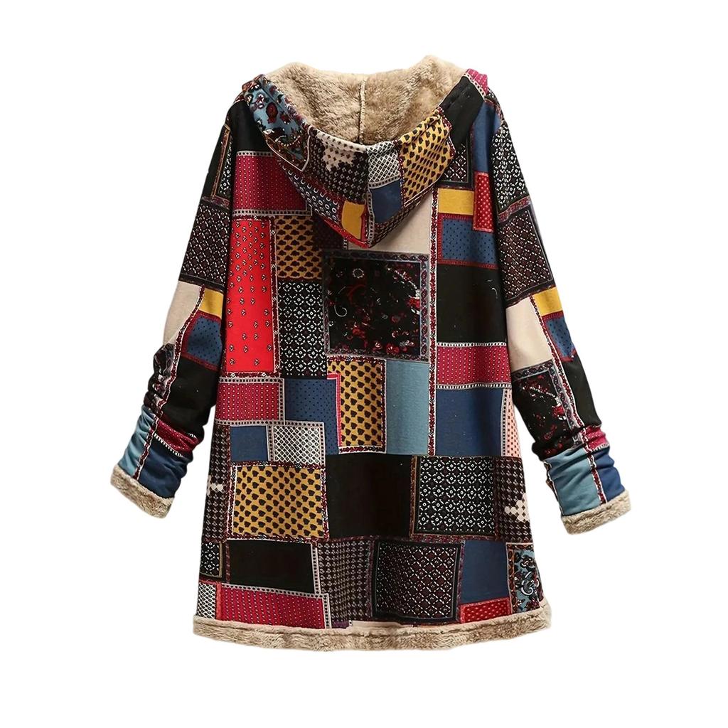 Womens Winter Button Patchwork Fleece Hooded Jacket Coat Long Sleeve Warm Liner Pocket Coat