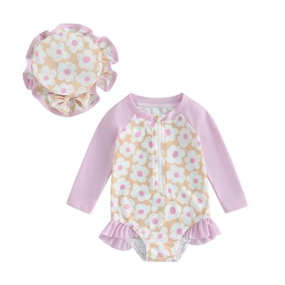 Toddler Girls Rash Guard Swimsuit Rompers Long Sleeve Patchwork Floral Print Baby Ruffles Bathing Suit Swimwear with Swim Cap