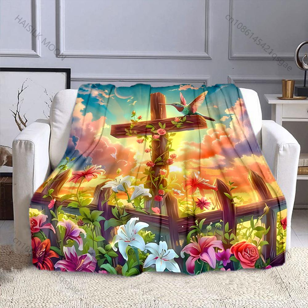 

Cross Flowers and Birds Pattern Believer Blanket Warm Soft Fluffy Kids and Adult Sofa Bed Throw Blanket for Home Travel Camping 75x100cm