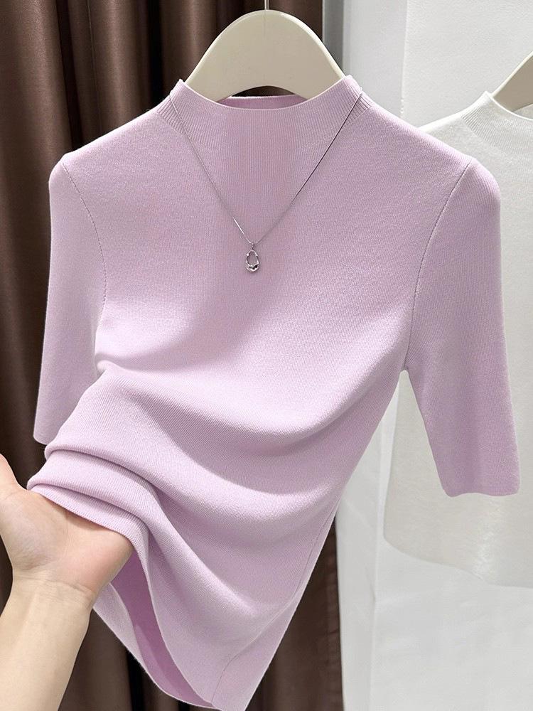 Women's Navy Blue Mid-Sleeve Sweater - Elegant High-End Knit Top with Stand Collar