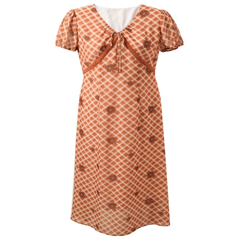 

Sancai 2026 Summer Plaid V-neck A-line French Long Dress M