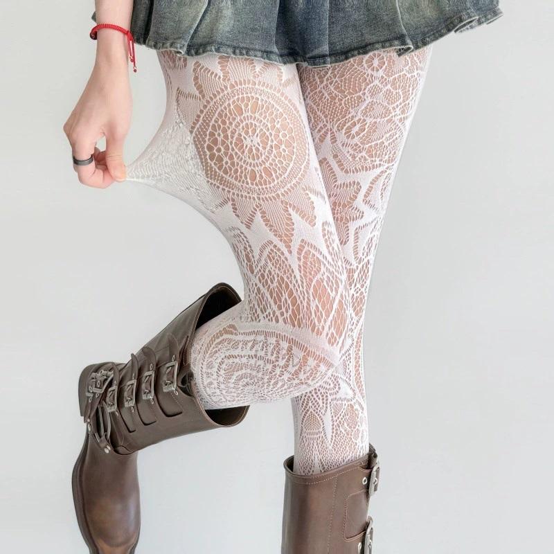 Sunflower Pattern Pantyhose Dark Night Gothic Wind Black Hollowed Jacquard Tights Stockings