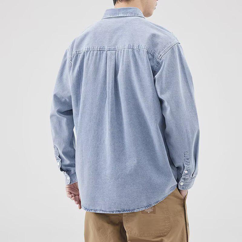 Męska koszula robocza z retro spranego denimu - Jednolity kolor, Długi rękaw, Luźny krój, Wiosna/Jesień