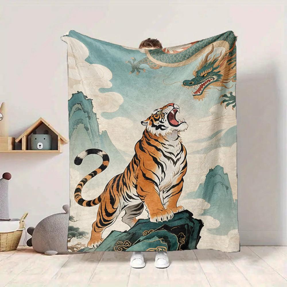 1pc Tiger Print Blanket, Lightweight Flannel Fleece with Digital Printing, Soft Warm for Sofa, Travel, Camping, Office, Couch, Chair, and Bed, All-Sea