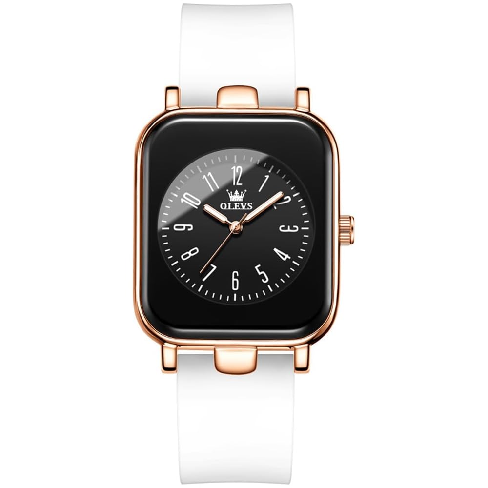 OLEVS Women s Quartz Watch White Silicone Band Waterproof Luminous Function Black Dial
