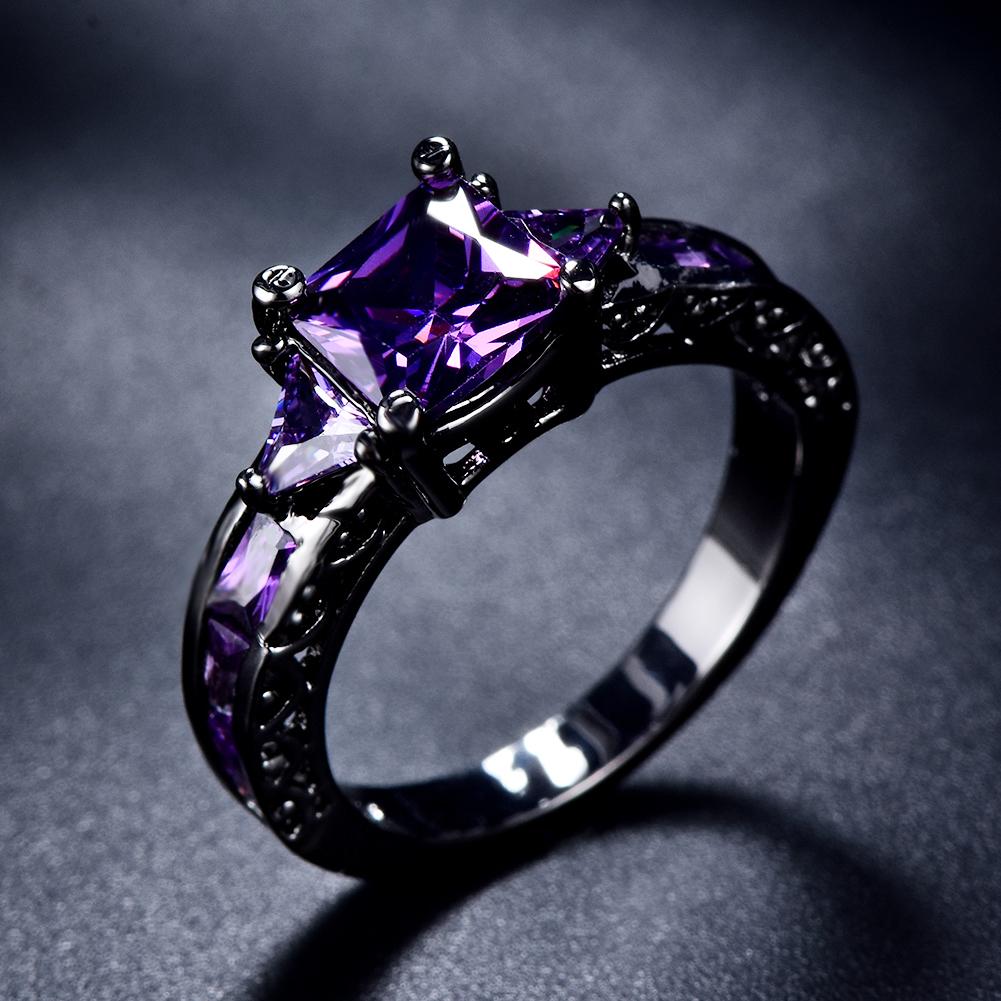 1 Pc Black Golden Color Princess Cut Purple Stone CZ Claw Rings Wedding Band Jewelry Valentine's Day Gifts