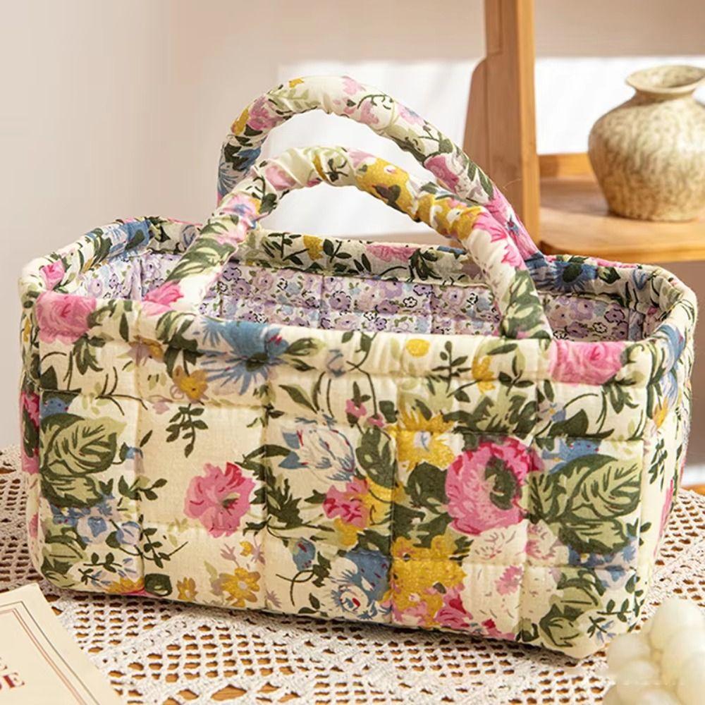 Large Capacity Storage Basket Floral Pattern Shopper Bag Fabric Laundry Basket Desktop Storage