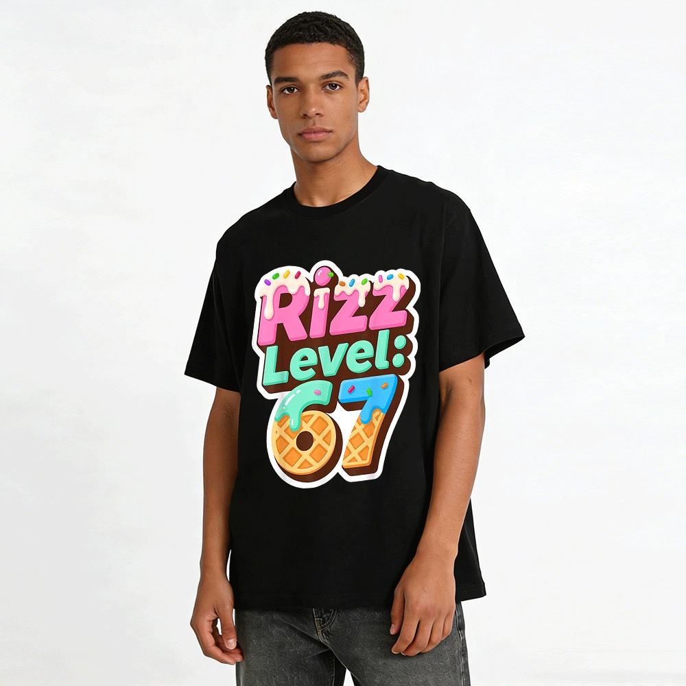 Trendy Rizz Level 67 Waffle Print Casual Top For Streetwear Lovers Pure Cotton T-shirt