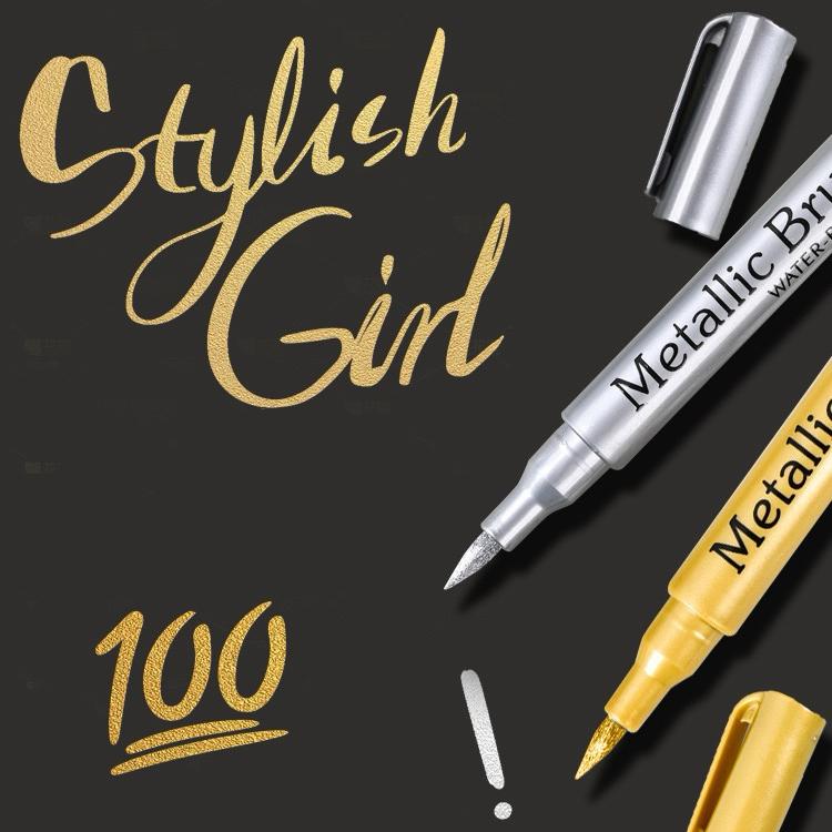1pc Golden +1pc Silver Metal Waterproof Permanent Paint Marker Pens, Craftwork Art Painting Supplies, For Decoration