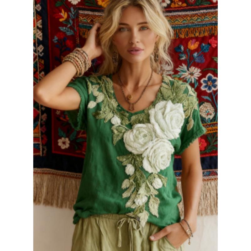 Women's 3D Print Drop Shoulder Jacquard Top - Summer Casual Loose Fit Short Sleeve