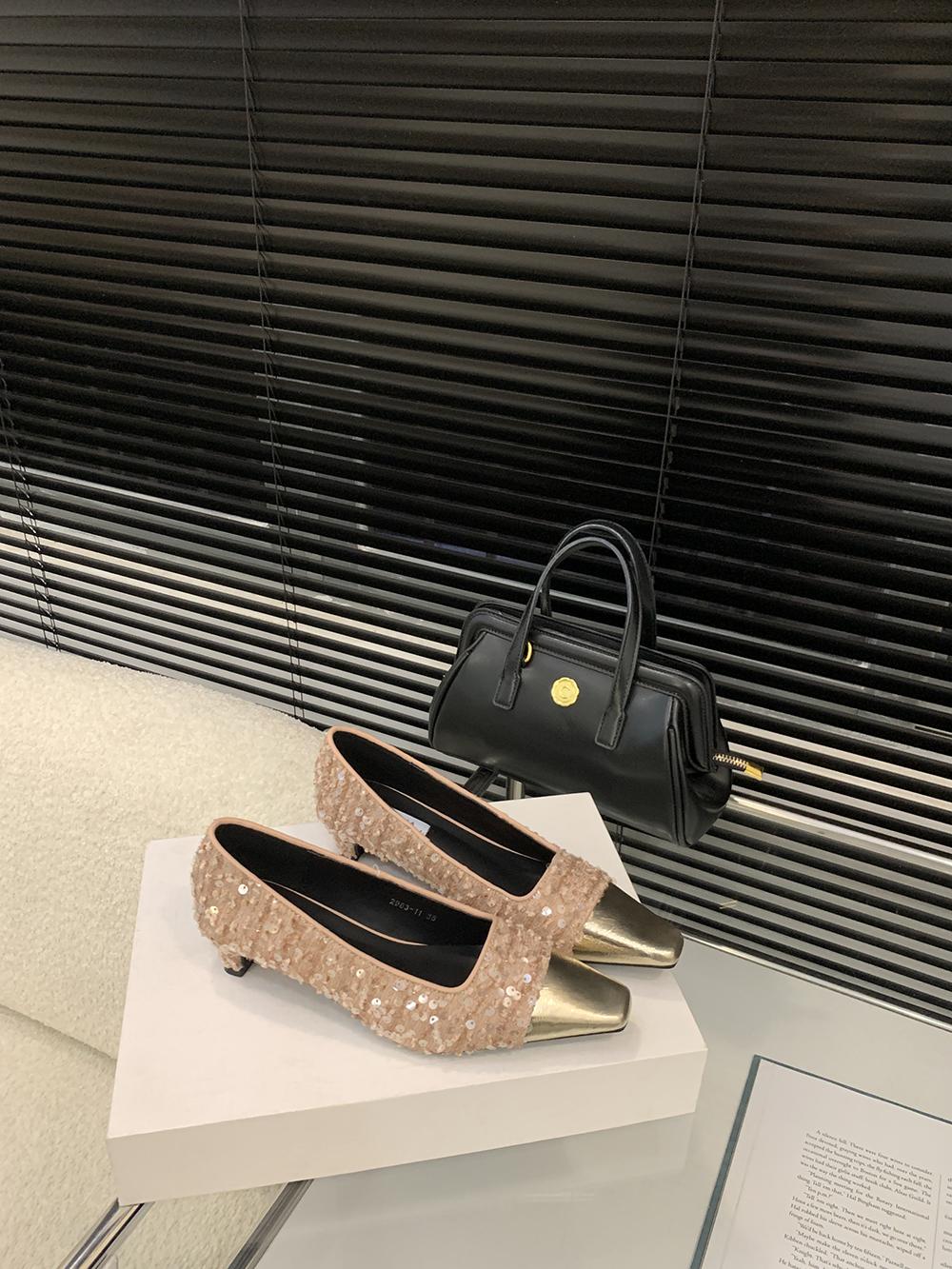 

мода Модные женские босоножки из блесток, летние туфли-лодочки на среднем каблуке, черные, белые, розовые, 2024, повседневные, блестящие, туфли-лодочки для офиса 7.5 розовый