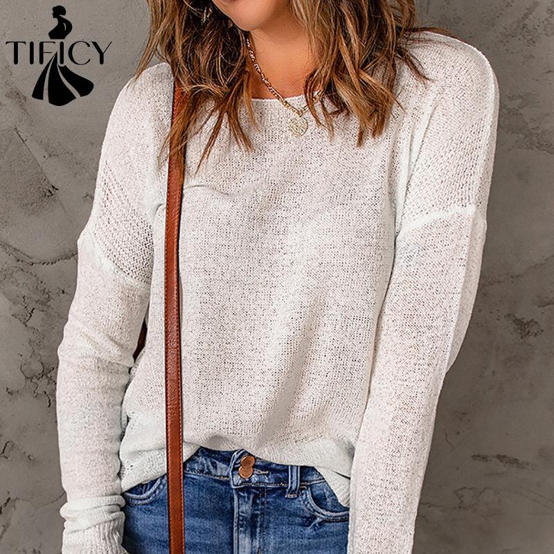 TIFICY Women's Fashion Casual Fall Winter Solid Color Print Long Sleeve O-Neck Sweaters