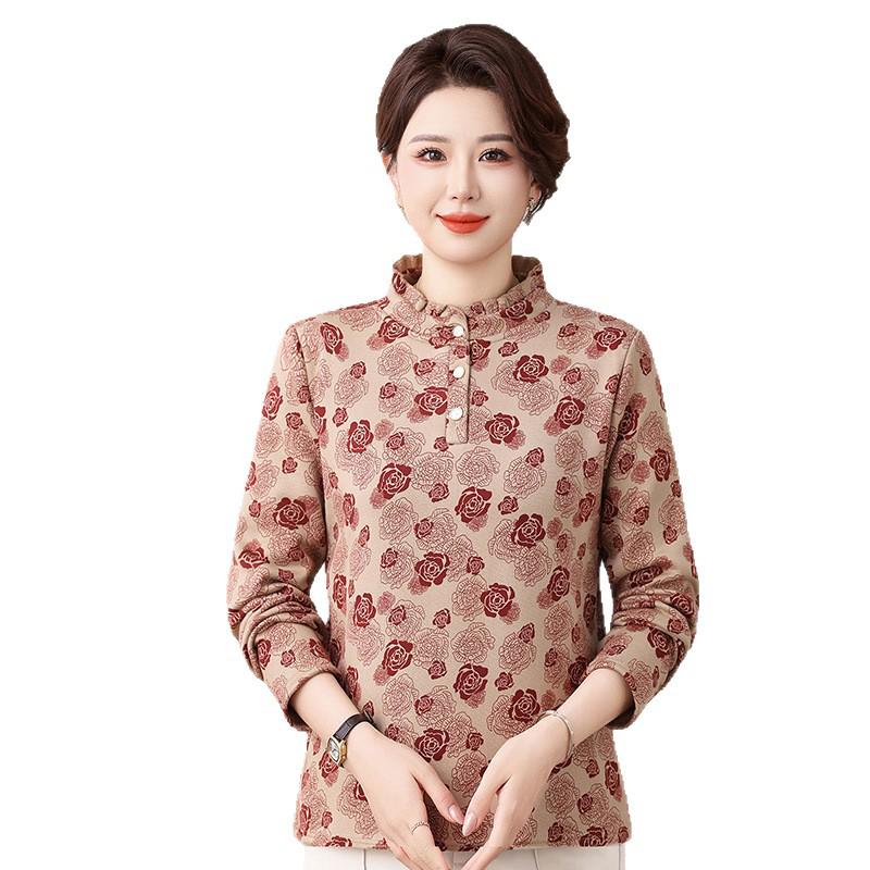 Stylish Printed Long-Sleeve T-Shirt for Middle-Aged & Elderly Women - Autumn/Winter, Warm Base Layer, Plus-Size, Velvet Mom's Wear.