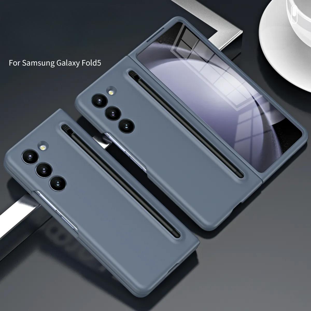 

Для Samsung Galaxy Z Fold 5 4 3 матовый приятный для кожи цветной чехол с закаленной пленкой и сенсорной ручкой, складной противоударный жесткий чехол Galaxy Z Fold 5 темно-серого