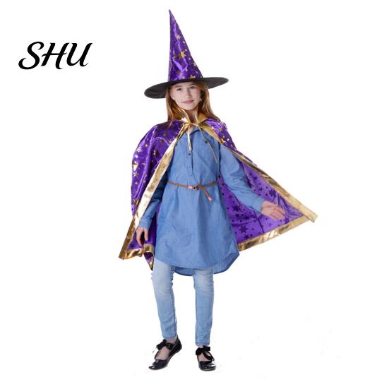 Breathable Witch Cape Adjustable Halloween Pentagram Printing with Wizard Costume Young Adults Hat Hand Bag Comfortable Kids
