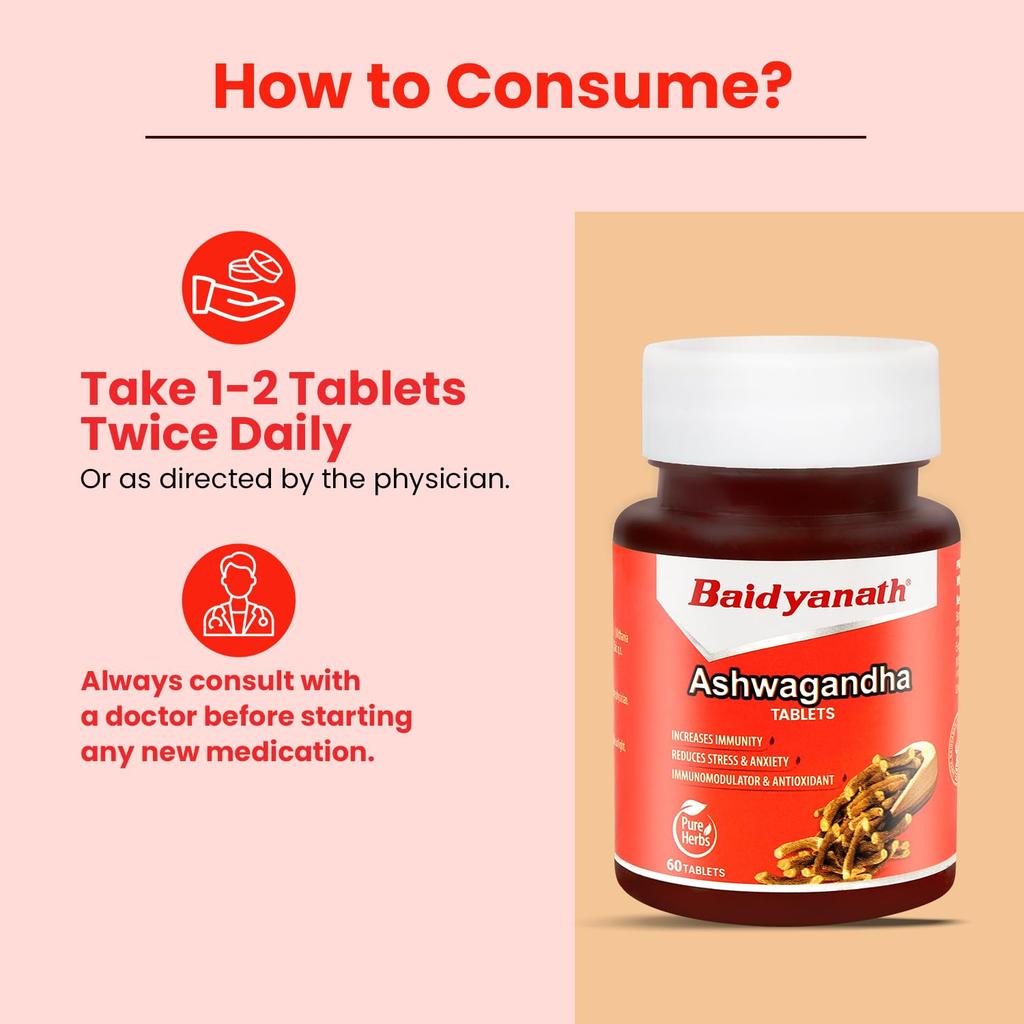 Baidyanath Ashwagandha Tablets 60 Tabs X  Pack of 2 | Boost Vitality, Energy, Stress Relief & General Wellness Support
