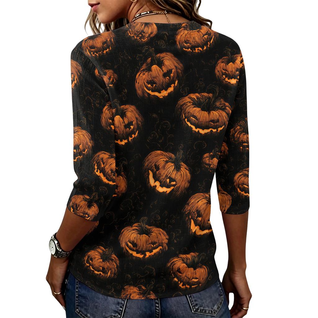Women's Casual Loose Fit Half Sleeve Top Round Neck Lightweight Comfortable Shirt with Pumpkin Print Suitable for Everyday Wear