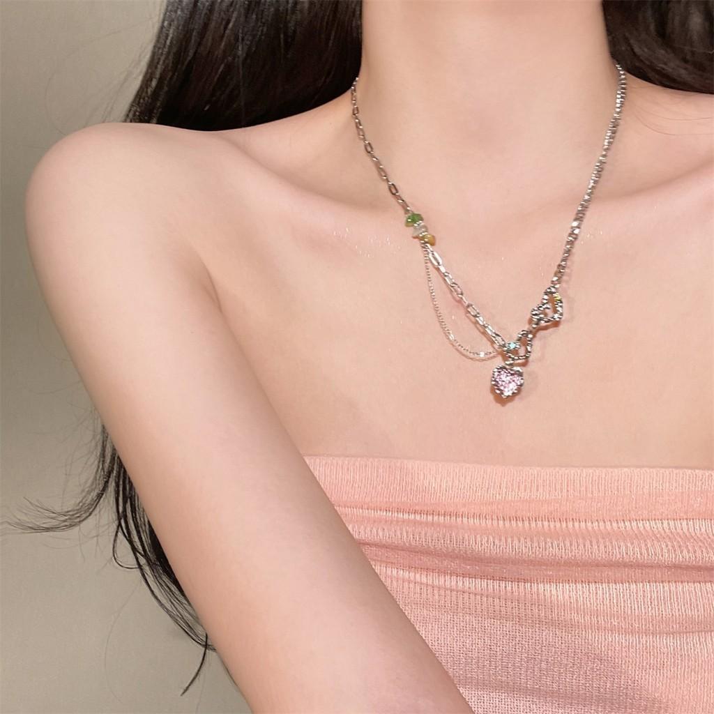 iF ME Sweet Pink Heart Necklace Colorful Stone Zircon Silver Chain Choker for Women Jewelry Accessories