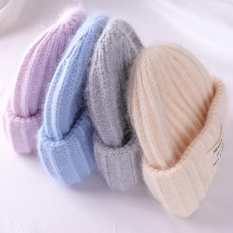 2022 kaninchen Fell Winter Hut für Frauen Mützen Weiche Warme Flauschigen Einfarbig Angora Gestrickte Hut Kaschmir Wolle Skullies Beanies