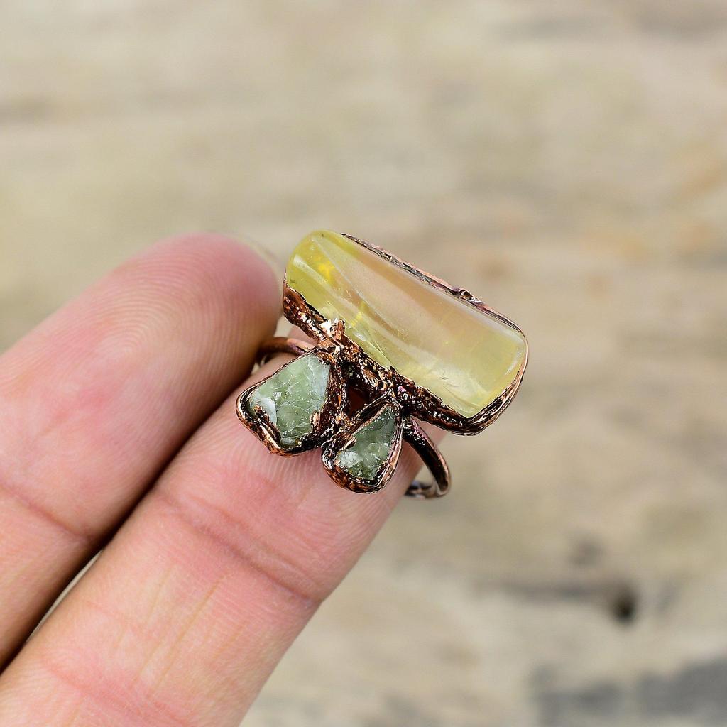 Pierścień z surowego cytrynu Pierścień z miedzi elektrolitycznej Pierścień regulowany Pierścień z surowego zielonego turmalinu Ręcznie robiony, unikatowy pierścień Biżuteria z kamieni szlachetnych elektrolitycznych